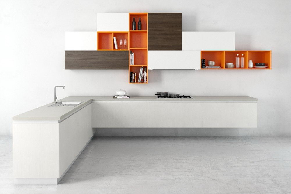 White-Orange Kitchen Design 3D Model